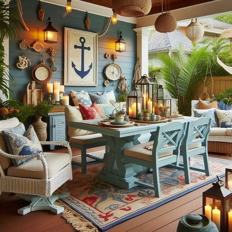 Coastal Outdoor Decor: Nautical Theme on the Patio Nautical Patio Decorating Ideas, Nautical Patio, Nautical Outdoor Decor, Ikea Inspired Bedroom, Coastal Chic Decor, Bohemian Patio, Driftwood Decor, Beachy Decor, House Inside