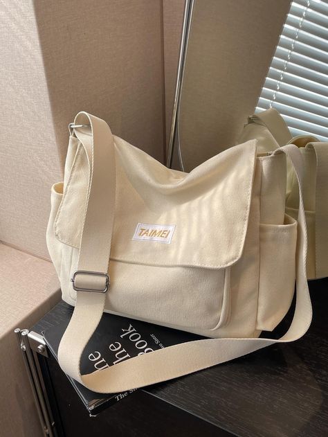 Beige  Collar  Acrylic Plain Messenger Bag Embellished   Women Bags Cute Satchel Bags, Medium Size Bag, Casual Shoulder Bag, Messager Bags For School, Side Bags For Women For College, Aesthetic Side Bag, Collage Bags For Women, Outfits With Bags, Beige Messenger Bag