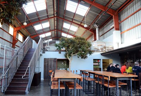 PHOTOS: San Francisco's Southern Pacific Brewing is a Tree-Filled Beer Sanctuary in a Renovated Warehouse | Inhabitat - Sustainable Design Innovation, Eco Architecture, Green Building Renovated Warehouse, Residential Building Entrance, Warehouse Renovation, Bridges Architecture, Sage Green Paint Color, Brewery Design, Renovation Architecture, Building Entrance, Warehouse Design