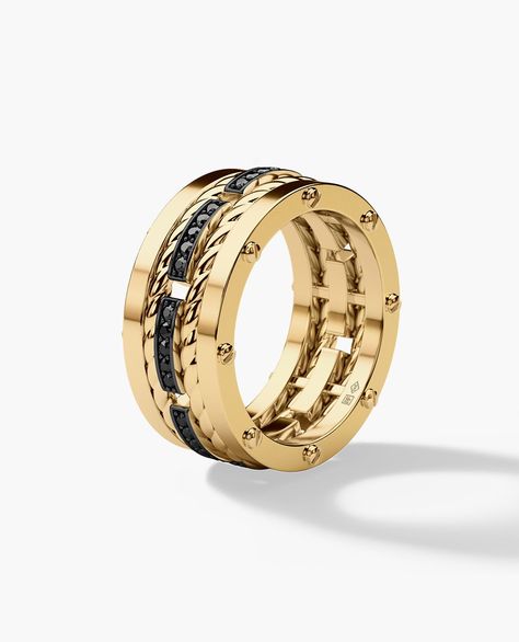 Three bold-looking gold bands pave set with 0.40ct brilliant cut round black diamonds connected by signature exclusive Rockford screws with rope designs flowing in between the bands, our ROPES men’s wedding band has a very modern, striking look with a luxurious spin. This men’s diamond ring will make an exquisite men's wedding band, in addition to being a one-of-a-kind designer ring. Pride Rings, Basic Rings, Rope Wedding Band, Personalized Wedding Bands, Neutral Jewelry, Non Binary Pride, Mens Diamond Wedding Bands, Mens Gold Wedding Band, Non Binary