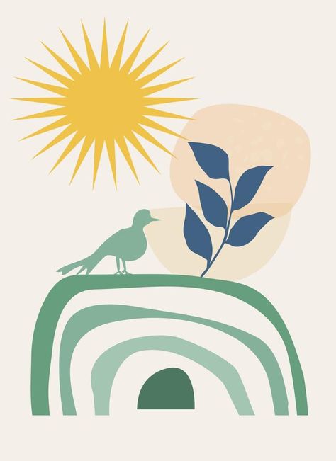 Rainbow and sun, plant branch and bird. Symbols of peace, harmony and freedom. Template with abstract composition. Minimalism, boho style. Vector banner for postcards, wall art Symbols Of Peace, Boho Birds, Rainbow Boho, Vector Banner, Abstract Composition, Two Birds, Art Art, Boho Style, Seamless Pattern