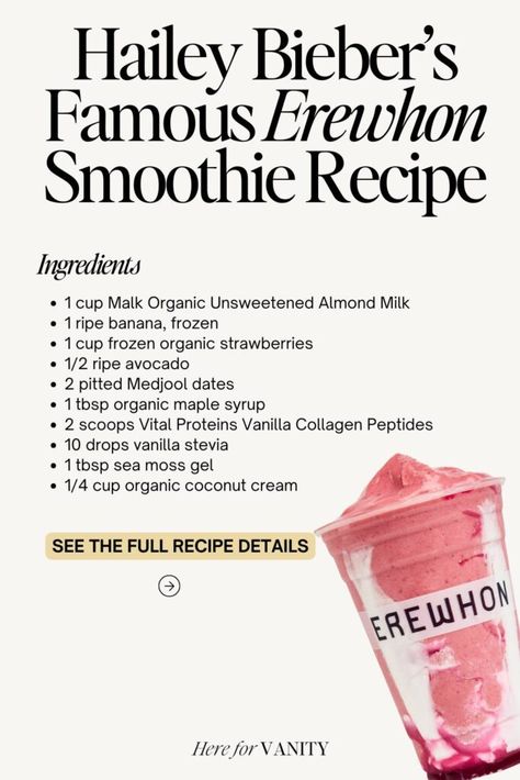 Learn how to make Hailey Bieber's go-to Erewhon smoothie at home! This recipe is packed with skin-loving ingredients for a glowing complexion. Hailey Bieber Recipes, Hailey Bieber Erewhon Smoothie, Erewhon Smoothie Recipes, Skin Smoothie Recipes, Strawberry Glaze Smoothie, Erewhon Recipes, Hailey Bieber Smoothie, Erewhon Smoothie, Smoothie At Home