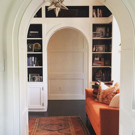 Built-ins around arched doorway. Builtin Bookshelves, Arched Doorway, Flush Door Design, Arch Doorway, Built In Cabinet, Flush Doors, Arched Doors, Built In Bookcase, Arched Windows