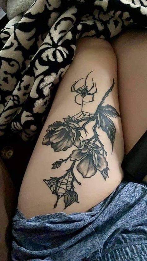 Roses And Spider Web Tattoo, Goth Feminine Tattoo, Spider Web Tattoo Thigh, Feminine Spooky Tattoos, Dark Feminine Tattoos Leg Sleeve, Spooky Leg Tattoos, Flower Leg Tattoos Women, Rose Leg Tattoo, Spider Tattoo For Women