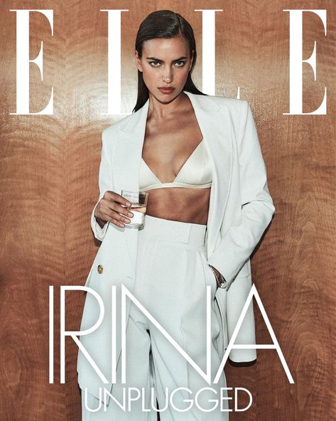 Irina Unplugged Elle Us, 사진 촬영 포즈, Fashion Magazine Cover, White Suit, Fashion Cover, Vogue Covers, Studio Photoshoot, Elle Magazine, Bradley Cooper