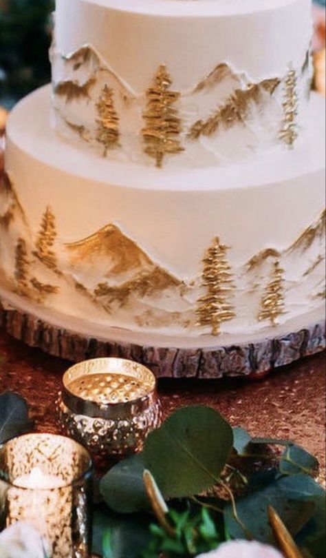 Aspen Wedding Cake, Pine Tree Wedding Cake, Wedding Cakes Forest Theme, Mountain Wedding Cake Topper, Mountain Themed Wedding Centerpieces, Mountain Wedding Cake Ideas, Forest Cake Wedding, Winter Themed Wedding Cakes, Winter Colorado Wedding