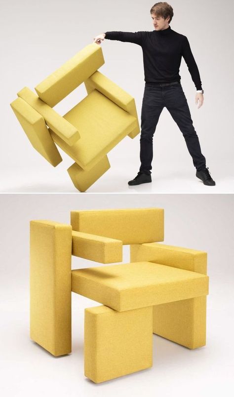 Made from several soft cushioned blocks lined in an abstract form, this chair reminds one of the Tetris game. Each block seems to be frozen in its position, giving it a sort of floating effect. Abstract Chair Design, Lego Chair, Block Furniture, Floating Bench, Cube Furniture, Tetris Game, Cube Chair, Modular Chair, Design Object