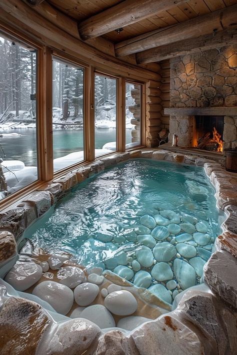 Winter Sauna, Cabin Jacuzzi, Sauna And Cold Plunge Aesthetic, Winter Cabin Hot Tub, Hot Tub In Snow Aesthetic, Snowy Hot Tub, Pyramid House, Pool Deck Plans, Beach House Bedroom