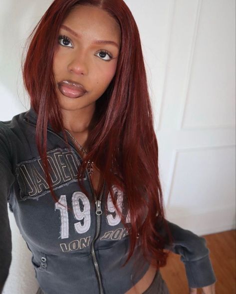 777 Crimson Hair Color Black Women, Red Hair Box Dye, Cherry Red Hair Black Women, 90s Red Hair, Auburn Hair Black Women, Fall Hair Colors Black Women, Graduation Hair, Hair Colorful, Ginger Hair Color