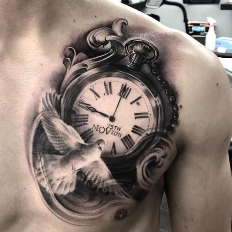 Clock Rosary Tattoo Design, Clock And Bird Tattoo Design, Chest Tattoo Clock, Timeless Clock Tattoo, Clock Face Tattoo, Clock Tattoo Designs, Celtic Warrior Tattoos, Rip Tattoos For Dad, Time Piece Tattoo