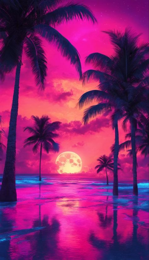 A colorful ocean sunset in Miami with fantasy neon colors and full moon Vaporwave Palm Trees, Neon Beach Aesthetic, Tropical Vaporwave, Sunset Collage, Neon Landscape, Jamaica Music, Neon Palm Tree, Beach Jamaica, Neon Sunset