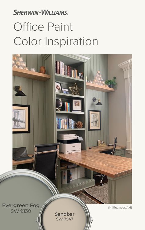 Green Paint Office Design, Sw Retreat Paint Office, Evergreen Fog Office Cabinets, Pine Needle Paint Color, Painting Home Office Walls Ideas, Evergreen Fog In Living Room, Office Color Paint, Office Paint Colors No Windows, Home Office Paint Ideas Cozy