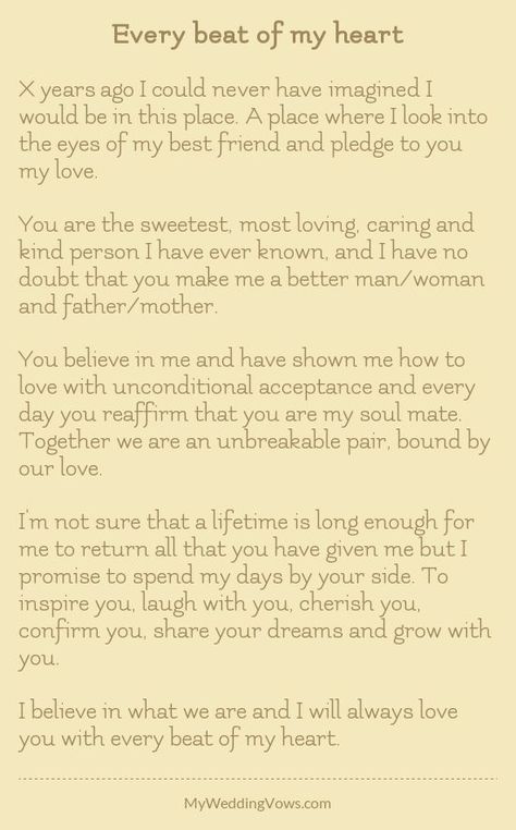 X years ago I could never have imagined I would be in this place. A place where I look into the eyes of my best friend and pledge to you my love. You are the sweetest, most loving, caring and kind person I have ever known, and I have no doubt that...: Wedding Quotes To A Friend, Wedding Vows Quotes, Vows Quotes, Traditional Wedding Vows, Wedding Vows To Husband, Love For Him, Wedding Readings, Wedding Vows Renewal, Marriage Vows