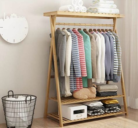 bamboo clothes rack Bamboo Wardrobe, Wood Clothing Rack, Rack Wardrobe, Standing Clothes Rack, Vstupná Hala, Standing Closet, Bamboo Clothes, Diy Clothes Rack, No Closet Solutions