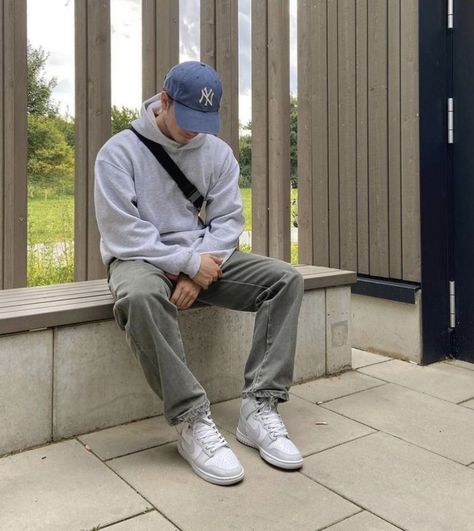 Streetware Outfits Men, Grey Hoodie Outfit Men, Dunk High Outfit, Blue Hoodie Outfit, Gray Hoodie Outfit, Blue Jeans Outfit Men, Hat Outfit Men, Grey Jeans Men, Hoodie Outfit Men