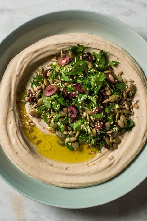 This recipe is inspired by Michael Solomonov’s “tehina” hummus, replacing chickpeas with tepary beans (it also works well with cannellini beans). White Bean Hummus Recipe, Hummus Bowls, Salad Chickpeas, Fresh Herb Salad, Fun Appetizers, Hummus Salad, White Bean Hummus, Vegan Dips, Bean Hummus