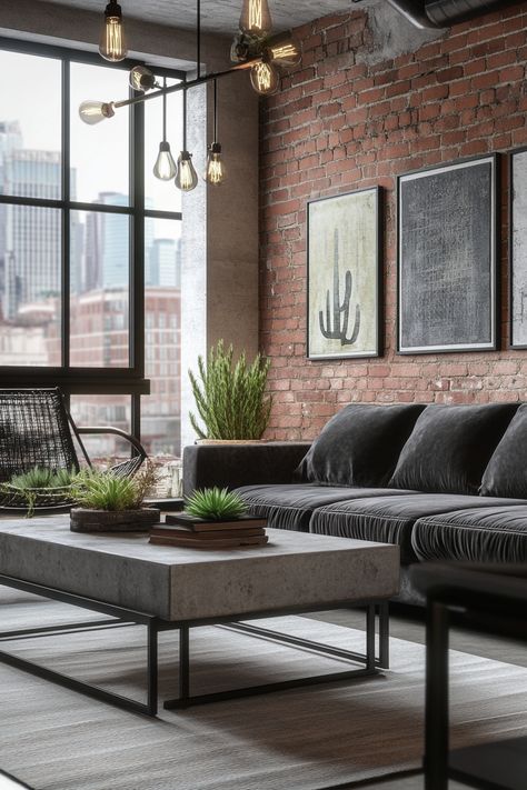 Explore this chic urban loft living room decor, perfect for blending industrial style with cozy comfort. The exposed brick and greenery create a vibrant and inviting atmosphere. #LivingRoomDecor #UrbanStyle #HomeInspiration Office With Exposed Brick, Industrial Wall Living Room, Brick Wall Entryway Ideas, Mill Apartment Decor, Brickwall Interiors Living Room, Red Brick Wall Living Room, Urban Living Room Decor, Exposed Brick Walls Living Room, Living Room With Exposed Brick