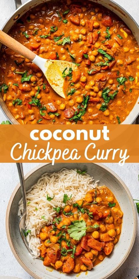 Vegans and meat eaters alike will love this coconut chickpea curry. It's prepared with toasted chickpeas simmered in a rich curry packed with warm spices and tender veggies. It's so filling and delicious. Recipes With Coconut Milk Dinner, Curry Without Coconut Milk, Vegan Stews, Coconut Chickpea Curry, Creamy Chickpea, Coconut Chickpea, Toasted Chickpeas, Vegan Chickpea Curry, Chickpea Curry Recipe