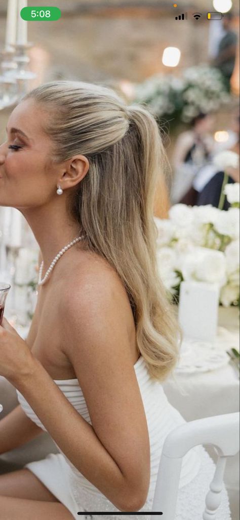 Short Ponytail Hairstyles Wedding, Half Hair Wedding Styles, Slick Back Pony Straight Hair, Snatched Half Up Half Down, Bridal Half Ponytail, Sleek Bridal Half Up Half Down, Medium Hair Bridesmaid Hairstyles Up, Pulled Back Wedding Hairstyles, Sofia Richie Half Up Half Down