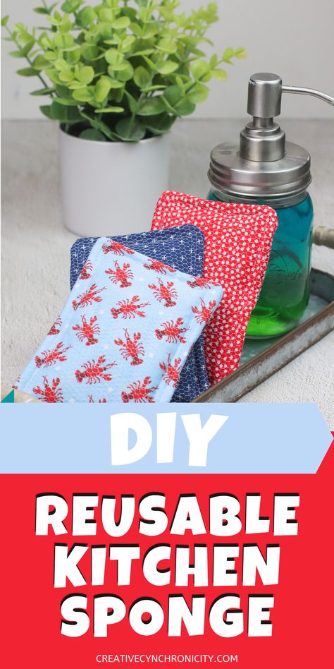 This DIY reusable kitchen sponge is so handy! You can make them in colors and designs that you like to coordinate with your kitchen and when they are soiled, simply toss them in the washing machine with a load of towels. Diy Reusable Napkins, Reusable Swiffer Pad Diy, Diy Dish Sponge, Diy Dish Scrubbies Sew, Cotton Batting Crafts, Reusable Sponge Diy, Homemade Sponges, Cotton Sewing Projects, Plate Cozies