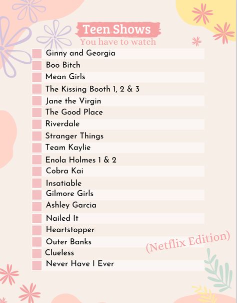 Netflix Cartoons To Watch, Must Watch On Netflix List, Movies To Watch As A Teen Girl, Highschool Series To Watch, Netflix Checklist Movies, Films To Watch On Netflix Good Movies 12, Movies To Watch On Netflix With Friends, Netflix Movies To Watch At A Sleepover, Netflix Shows To Watch 12+