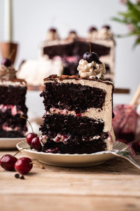 Incredibly moist and rich vegan black forest cake filled with fresh sweet cherries and a delicious dairy free whipped cream, and topped with a vegan ganache! Based on the traditional Black Forest gateau (Schwarzwälder Kirschtorte), you won’t believe this black forest cake is vegan! Vegan Black Forest, Dairy Free Ganache, Cake Black Forest, Vegan Ganache, Vegan Chocolate Ganache, Banana Diaries, Dairy Free Whipped Cream, Black Forest Gateau, Vegan Buttercream