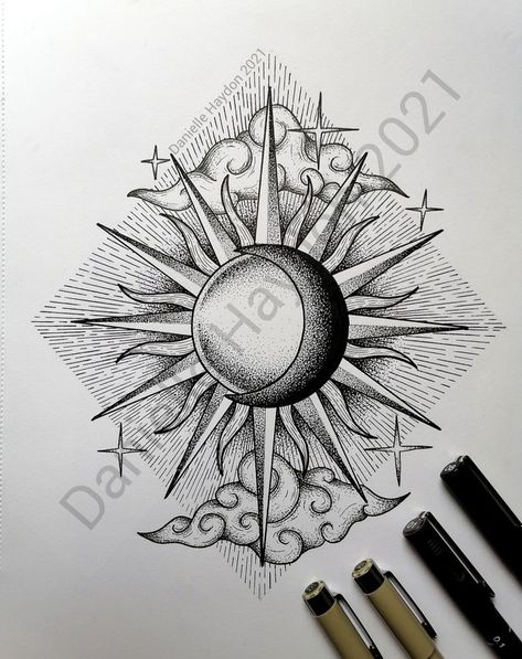 Sun Celestial Tattoo, Sun And Moon Dotwork Tattoo, Eccentric Tattoos Ideas, Dotwork Sun Tattoo, Star And Sun Tattoos, Mandala Sun And Moon Tattoo, Moon Pointillism, Sun Tattoo Sleeve, Sun Drawing Tattoo