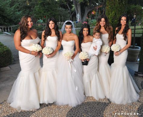 Pin for Later: Before Kim Marries Kanye, Take a Look Back at That Other Wedding She Had  Kim posed with her bridesmaids: sisters Khloé and Kourtney Kardashian and Kylie and Kendall Jenner, plus Kris Humphries's sister Kaela. Kourtney Kardashian Wedding Dress, Kardashian Wedding Dress, Kourtney Kardashian Wedding, Kim Kardashian Wedding Dress, Gaun Tulle, Kylie Jenner Dress, Kendall Jenner Dress, Kardashian Wedding, Kim Kardashian Wedding