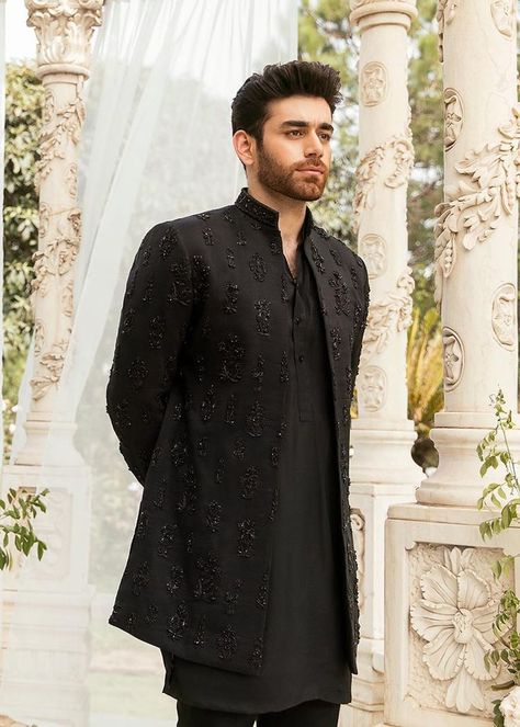 Black Indo Western Dress Men, Sangeet Outfit For Groom, Men Shoots, Barat Outfit, Western Outfits For Men, Groom Indian Wedding Outfits, Sadaf Fawad Khan, Indo Western Outfits For Men, Panjabi Design