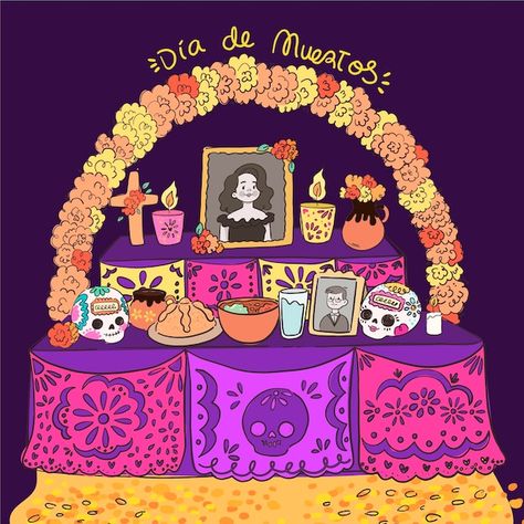 Dibujado a mano ilustración de altar de ... | Free Vector #Freepik #freevector #altar #altar-muertos #ofrenda #todos-santos Dia De Los Muertos Party Ideas, Dia De Los Muertos Decorations Ideas, Spanish Projects, Mexican Culture Art, Chicano Art, Mexican Culture, Diy Crafts For Home Decor, Diy Clay, Dia De Muertos