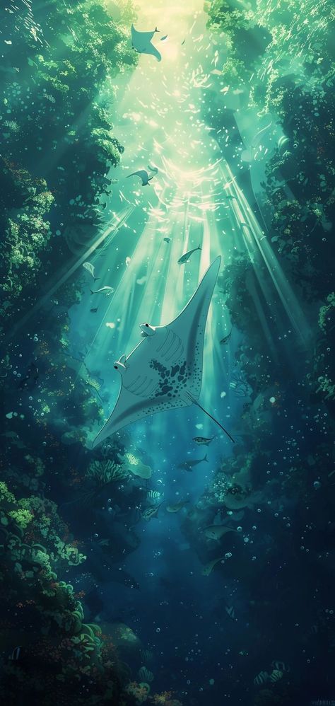 A manta ray inspired anime-like mobile wallpaper. Underwater Anime Wallpaper, Manta Ray Phone Wallpaper, Subnautica Wallpaper Aesthetic, Aesthetic Stingray Wallpaper, Phone Wallpaper Underwater, Aesthetic Marine Life Wallpaper, Anime Sea Wallpaper, Sea Creature Wallpaper Iphone, Ocean Phone Backgrounds