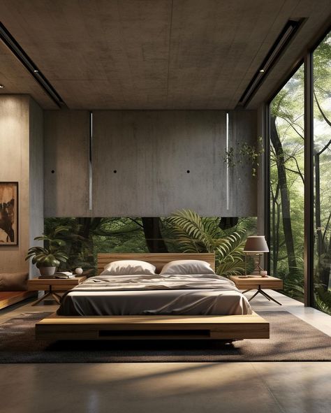 Concrete House Architect: @miladeshtiyaghi Would you live here? | Instagram Concrete Houses Interior, Concrete House Interior, Modern Tropical Bedroom, Concrete House Design, Cement House, Black Bedroom Design, Concrete Interiors, Tropical Bedrooms, Concrete Houses