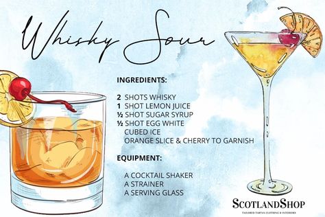 Whisky Recipes, Whisky Sour Recipe, Alcohol Illustration, Fireball Cocktails, Scottish Food, Mommy Juice, Whisky Sour, Cocktail Drinks Alcoholic, Recipes Drinks