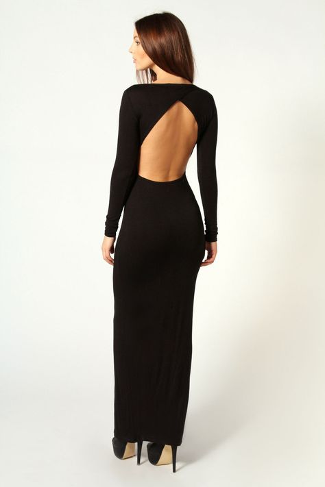 Taylor Open Back Long Sleeve Maxi Dress at boohoo.com Open Back Dress Long Sleeve, Long Sleeve Low Back Dress, Modest Backless Dress, Long Sleeve Open Back Prom Dress, Long Sleeve Black Maxi Dress Formal, Black Dress With Back Open, Black Long Sleeve Backless Dress, Open Back Prom Dress Fitted, Backless Black Dress Long