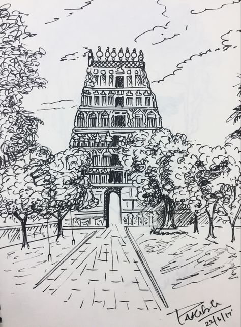 a quick sketch. Indian temple. TamilNadu. Ramanathapuram uthrakosamangai temple Indian Dance Sketch, Indian Building Sketches, Meenakshi Temple Sketch, Indian Aesthetic Sketch, Temple Sketches Indian Easy, Temple Illustration Indian, Temple Drawing Indian, Temple Sketches Indian, Indian Architecture Sketches