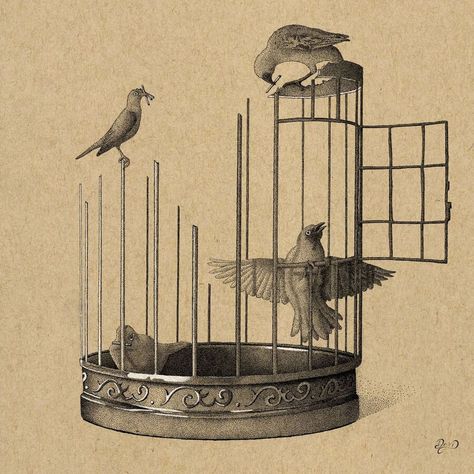 stippling drawing Open Cage Drawing, Open Bird Cage Drawing, Bird In Cage Art, Open Cage Tattoo, Bird In A Cage Drawing, Caged Bird Aesthetic, Fish Inside A Birdcage, Bird Out Of Cage, Caged Bird Art