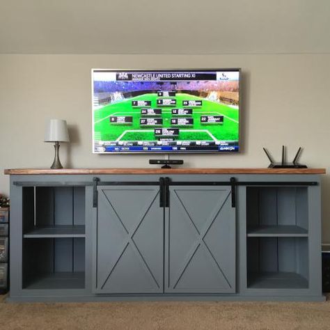 Grandy Sliding Door Console Tv Console Plans, Tv Stand Build, Entry Table Plans, Build A Tv Stand, Tv Stand Plans, Barn Door Tv, Barn Door Console, Barn Door Tv Stand, Farmhouse Tv