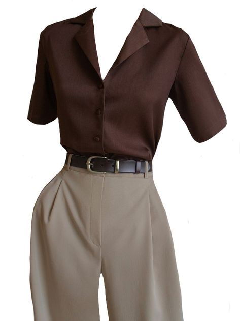 Hot Academic Look, Summer Dark Academia Aesthetic, Dark Academia Summer Clothes, Brown Dark Academia Outfit, Dark Academia Png Clothes, Dark Academia Women Fashion, Semi Formal Pants Outfit For Women, Dark Academia Outfit Women Summer, Modern Dark Academia Fashion