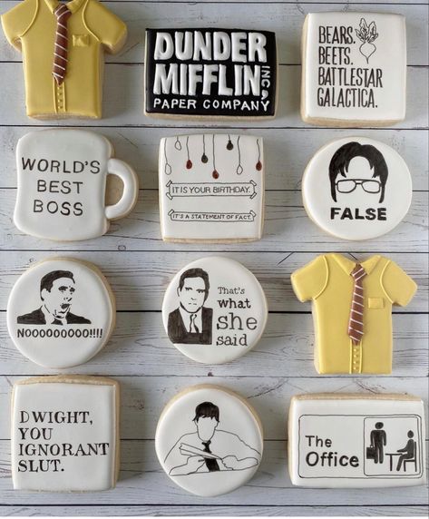 Oneder Mifflin, Office Themed Birthday Cake, Oneder Mifflin Birthday, The Office Cookies Decorated, Office Themed Cake, The Office Cookies, The Office Cake Ideas, The Office Themed Cake, The Office Birthday Cake