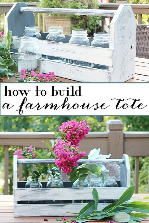 How to build a farmhouse tote built with new materials--but I'm going to make one from bits and pieces I have in the shop... reclaimed wood, chair spindles, etc. Wood Tote, Vibeke Design, European Home Decor, Diy Holz, Funky Junk, Décor Diy, Diy Home Decor Ideas, Diy Farmhouse, Wooden Crate