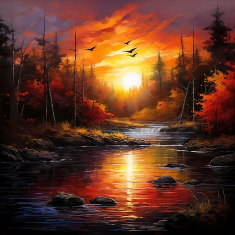 "Sunset Serenade by the River" captivates with a vivid oil painting of a forested riverbank bathed in radiant sunset hues. Birds take flight against warm oranges, reflecting in tranquil waters. This masterpiece captures twilight's magic, celebrating nature's bond with the universe. #ScenicSunset #NatureHarmony #OilPaintingMagic #TwilightReflections #VividPalette River Sunset Painting, Sunset River Painting, Moose Painting, Living Room Decor Unique, Room Decor Unique, Sunset Hues, Reflection Painting, Lake Scene, Rooms Design