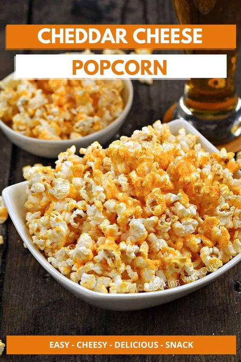 Homemade Cheese Popcorn is a classic snack made by coating popped popcorn with a savory cheddar cheese powder. Perfect for family movie night, game night, or parties during the holiday season. This mouthwatering cheddar cheese popcorn recipe is the perfect cheesy, salty, crunchy snack that takes us back to our childhood. Cheddar Cheese Popcorn Recipe, Cheddar Popcorn Recipe, Savory Popcorn Recipes, Cheese Popcorn Recipe, Popcorn Recipes Cheese, Movie Night Family, Popcorn Recipes Savory, Popcorn Seasoning Recipes, Cheddar Cheese Powder