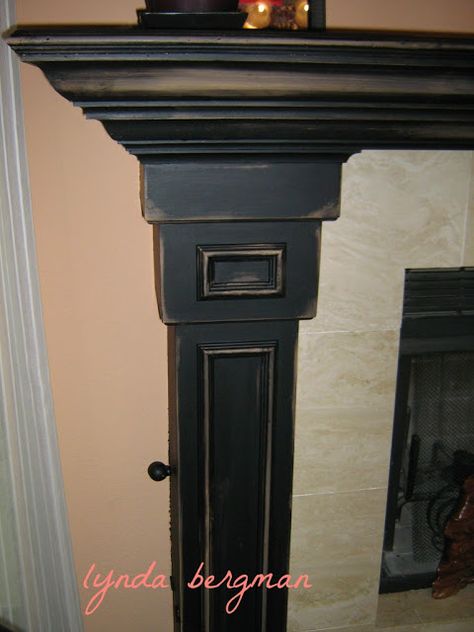 Lynda Bergman Decorative Artisan: PAINTING GAYLE'S MANTEL FROM PICLKLED, WHITE WASHED OAK TO BLACK DISTRESSED Refurbished Fireplace Mantle, Dark Fireplace Surround, Ornate Mantle, Black Fireplace Mantels, Dark Fireplace, Painted Fireplace Mantels, Painted Mantle, Distressed Fireplace, Mantel Shelves