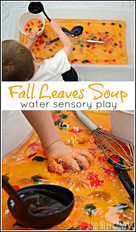 Fall leaves sensory soup: water sensory play for toddlers and preschoolers from And Next Comes L Fall Water Sensory Bin, Leaves Sensory, Water Sensory Play, Fall Sensory Bin, Sensory Play Toddlers, Sensory Tubs, Fall Lessons, Nursery Activities, Autumn Activities For Kids