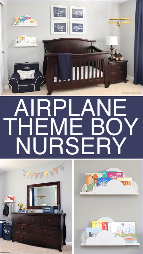 Make sure you follow me on Instagram and Pinterest for a sneak peek into my recent projects! I should have known moving three doors down from my sister and her family that I would be decorating her house along with my own. First it was my 11 month old nephew Connor’s striped nursery, now it’s my almost 3 year … Airplane Baby Room, Airplane Themed Nursery, Airplane Boys Room, Travel Theme Nursery, Boy Nursery Themes, Baby Boy Nursery Themes, Airplane Nursery, Baby Boy Bedroom, Baby Boy Nursery Decor