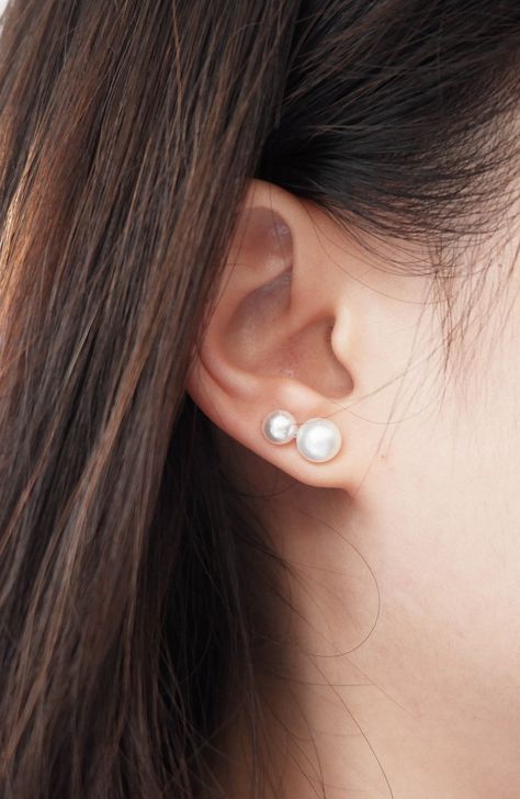 Double Ball Earring Double Sided Earring Double Pearl Earring Dainty Pearl Stud Tiny Pearl Stud Fresh water pearl studs White Pearl Earring by Nevernjewelry on Etsy Earrings Combinations Double, Pearl Earrings Double Piercing, Double Piercing Earrings Pearls, Double Ear Piercing Pearl, Pearl Earrings Studs Classy, Double Earrings Combinations, Pearl Piercing, Double Stud Earrings, Double Pearl Earrings