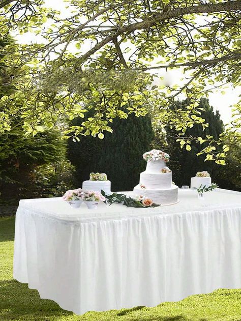 2pcs/Set Disposable White PEVA Waterproof And Oilproof Table Skirt Set, Rectangular Oil-Proof PE Plastic Tablecloth, Ruffle Decoration Party Disposable Tablecloth, Party Wedding Dessert Table Birthday Party Decoration Supplies, Suitable For Rectangular Dining Table, Wedding, Buffet Dinner, Birthday Party DecorationI discovered amazing products on SHEIN.com, come check them out! Long Table Wedding White Tablecloth, Plastic Rectangular Tables Wedding, White Table Cloth With Black Over Lay, Wedding White Satin Tablecloth, Dessert Table Birthday Party, Wedding Buffet Table Decor, Dinner Birthday Party, Wedding Buffet Table, Modern Table Cloth Black And Ahite