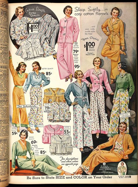 Pyjama ideas 1933 Sears Fall Catalog 1930s Sleepwear, Thirties Fashion, Night Wear Pajamas, 1930s Fashion Women, Victorian Nightgown, 1930's Fashion, Vintage Pajamas, Shirt Style Tops, Flannel Nightgown