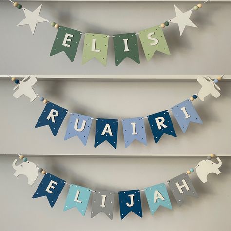 Name Banner Diy, Swan Nursery, Cloud Heart, Welcome Baby Banner, Baby Name Banners, Name Garland, Wooden Bunting, Simple Birthday Party, Name Bunting