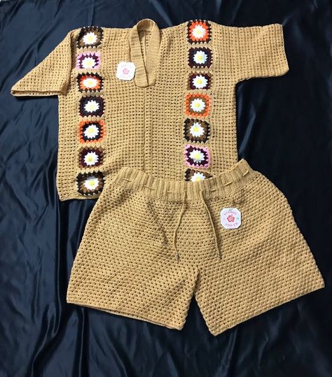 Finished this express order in the nick of time :) Matching crochet shirt and shorts in size XXL made with 100% acrylic yarn 106 hours of work!! #60,000 Naira DM TO ORDER Crochet Clothing And Accessories Patterns, Crochet Projects For Men, Crochet Mens Shorts, Two Piece Crochet, Crochet Mens, Mens Crochet, Crochet Clothes For Men, Crochet Shorts Pattern, Matching Crochet